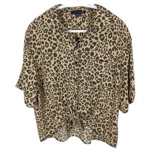 SANCTUARY Leopard Print Button Up Tie Front Boxy Short Sleeve Blouse Top Size M